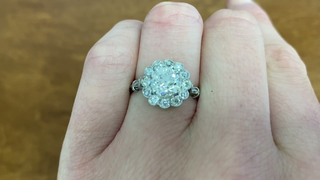 1.21ct Old Mine Cut Diamond and Floral Halo Platinum Ring - Eura Ring - Hand Video