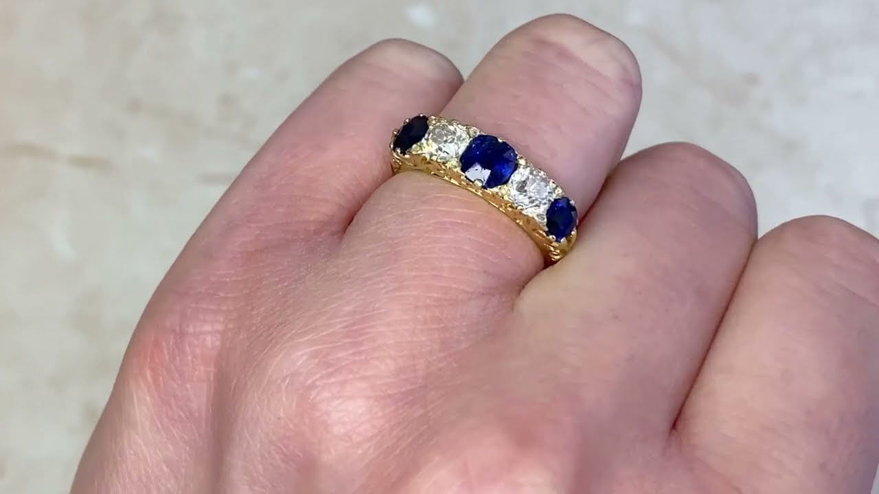 Antique Victorian Five Stone Diamond & Sapphire 18k Yellow Gold Ring - Westover Ring - Hand Video