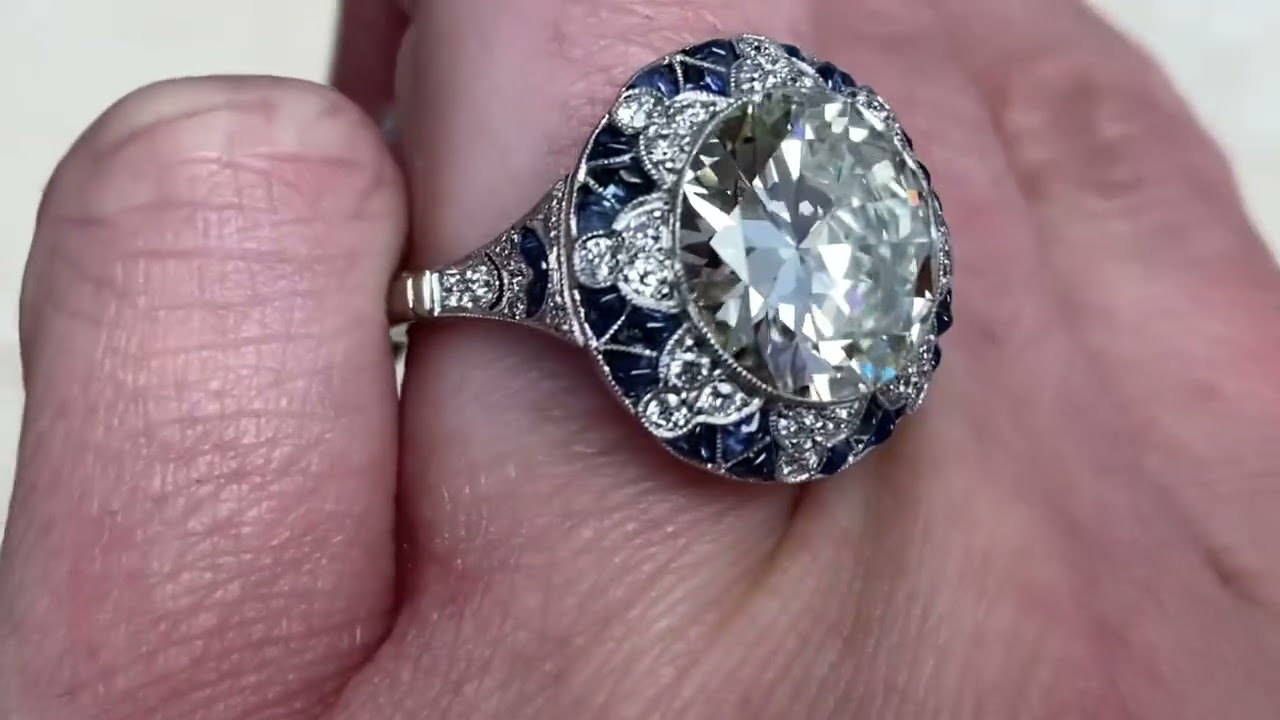 5.05ct Transitional Cut Diamond and Sapphire Halo Engagement Ring - Shaftsbury Ring - Hand Video