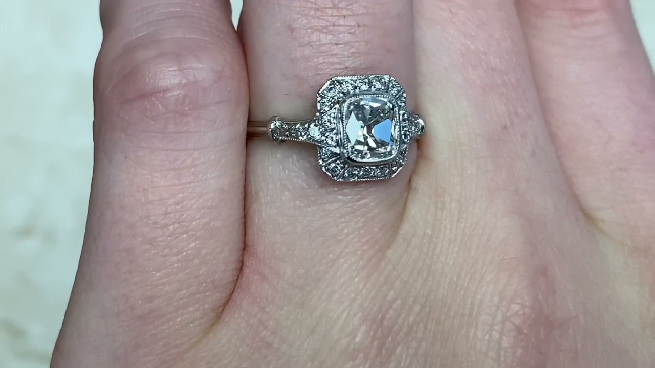 1.10CT Antique Cushion Cut Diamond and Platinum Halo Ring - Marino Ring - Hand Video
