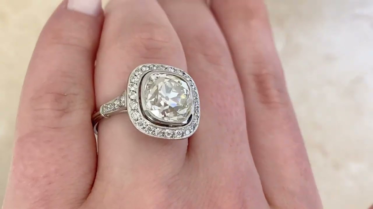 4.60ct Antique Cushion Cut Diamond Platinum Halo Ring - Hand video -