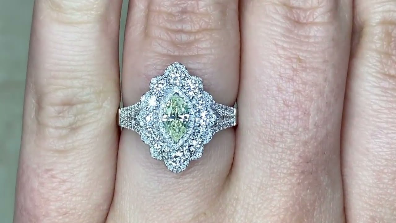 0.37ct Center Marquise Cut Light Greenish-Yellow Diamond Halo Ring - Kentwood Ring - Hand Video
