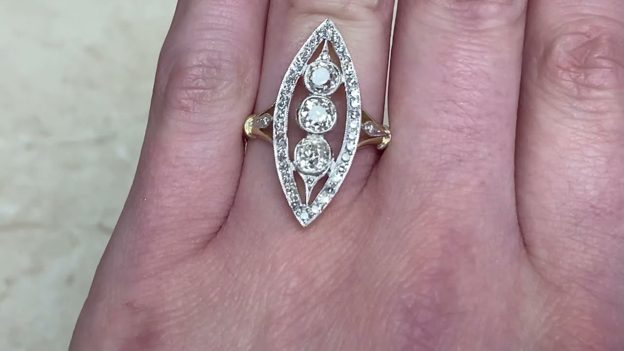 Edwardian Era Old Mine Cut Diamond Platinum & Yellow Gold Navette Ring - Ashbourne Ring - Hand Video