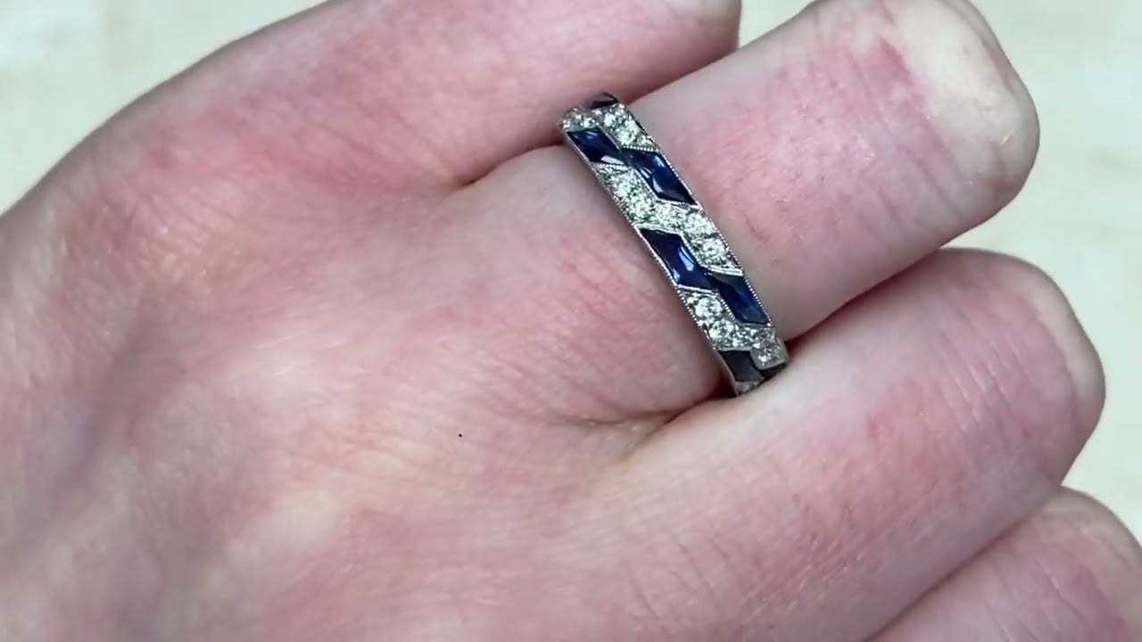 Natural Sapphire and Diamond Zig Zag Pattern Wedding Band - Admiral Band- Hand Video