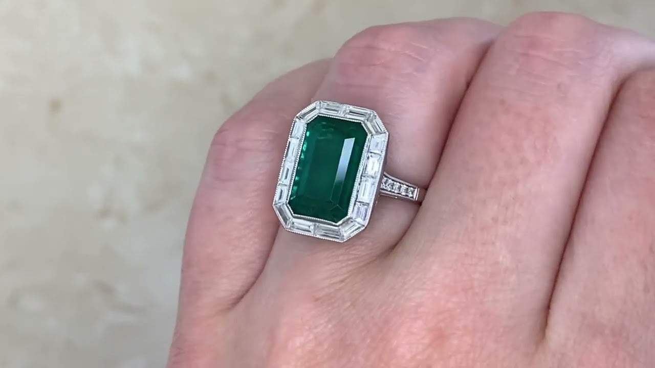 5.65ct Emerald with Diamond Baguette halo Ardena Ring - hand video