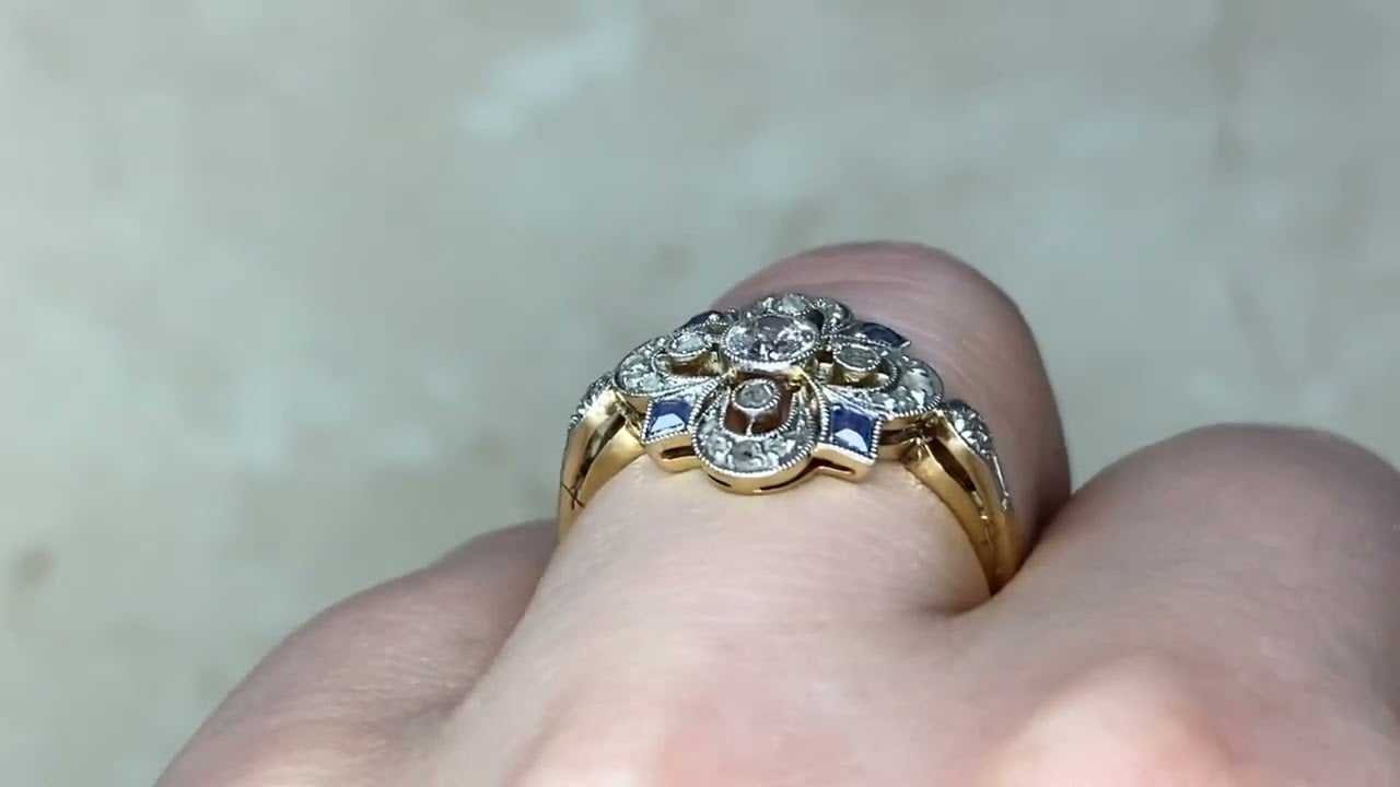 0.17ct Center Old European Cut Diamond and Sapphire Edwardian Ring - Versailles Ring - Hand Video