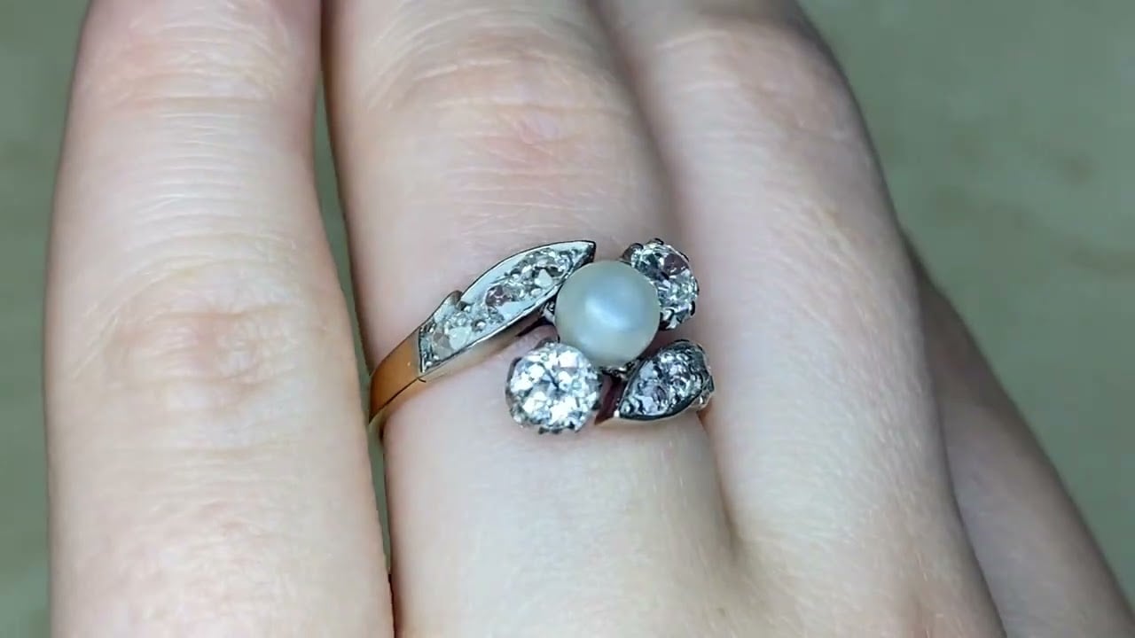 Edwardian Era Pearl & Old Mine Cut Diamond Leaf Motif Three Stone Ring - Chaumont Ring - Hand Video