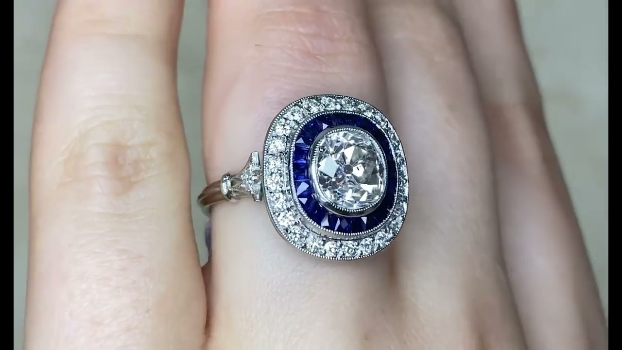 1.78ct Center Antique Cushion Cut Diamond & Sapphire Double Halo Ring - Castleford Ring - Hand Video