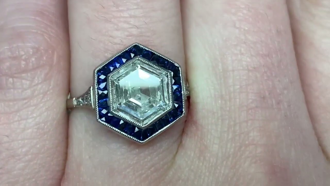 1.33ct Center Hexagon Shaped Diamond & Sapphire Halo Engagement Ring - Birmingham Ring - Hand Video