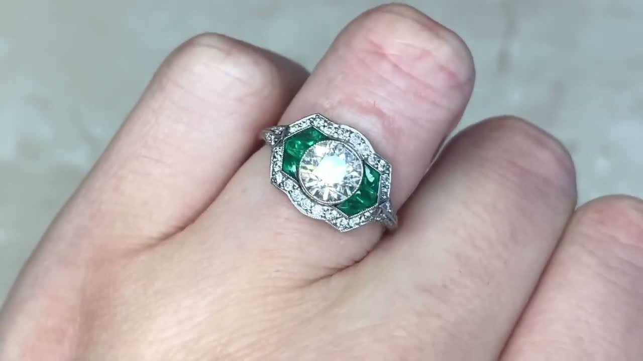 Art Deco Style Diamond & Natural Emerald Accented Engagement Ring - Westfield Ring - Hand Video