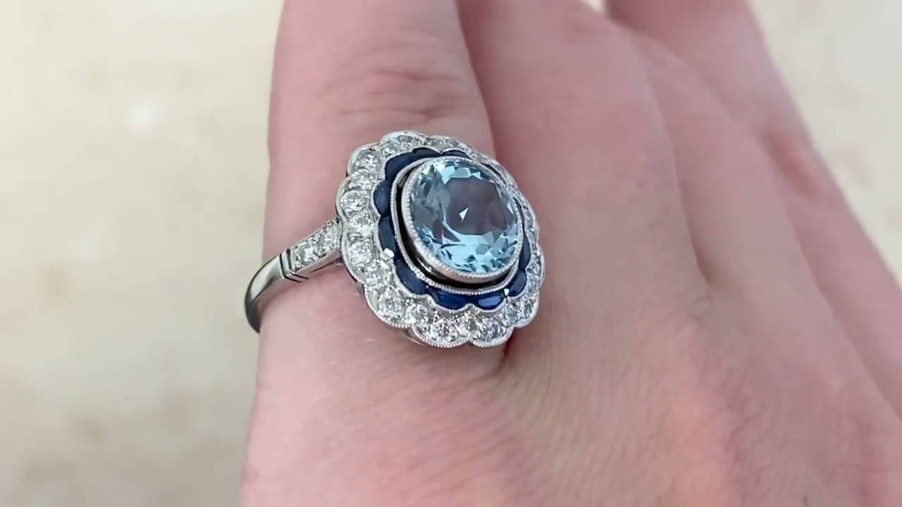 1.65ct Round Cut Aquamarine With Double Halo Grafton Ring - hand video -
