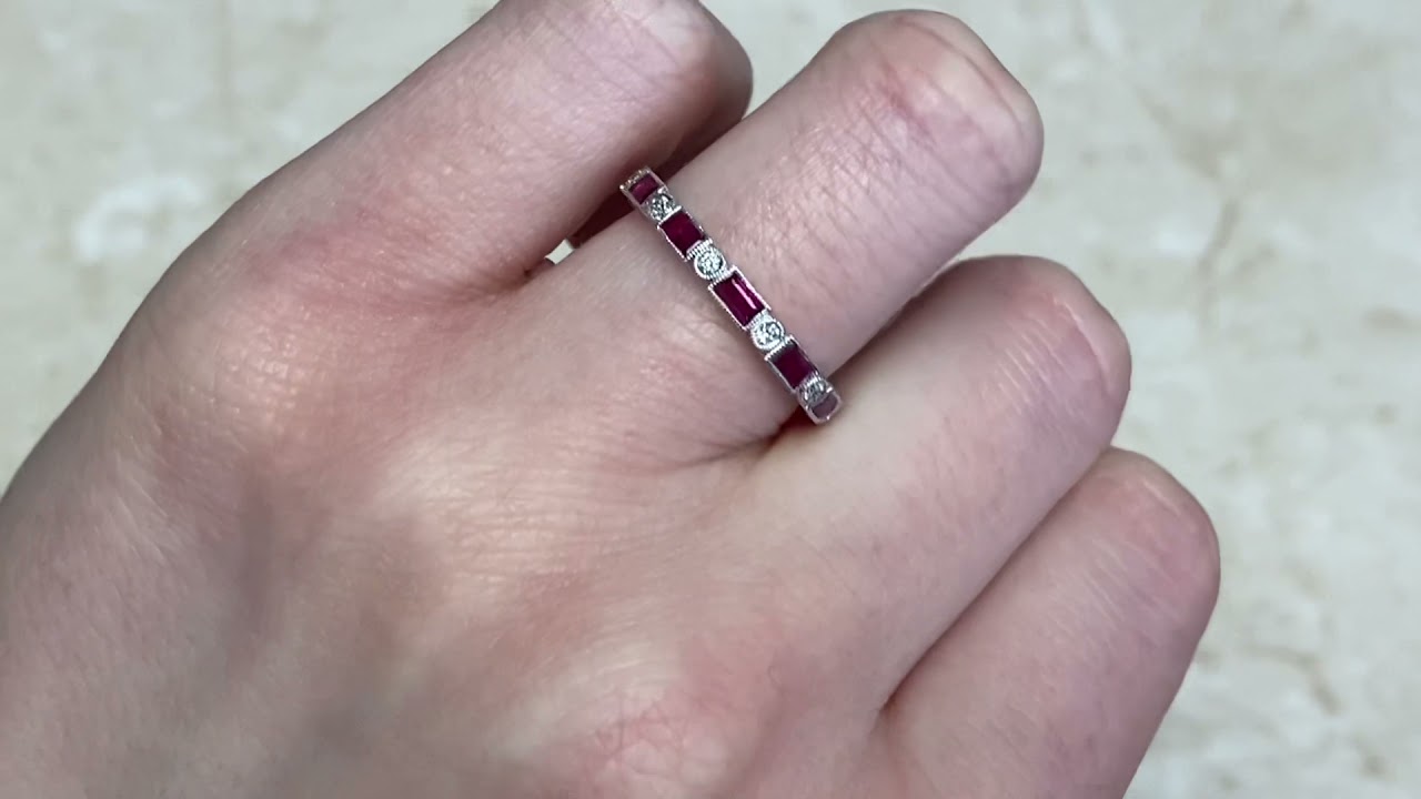 18k White Gold Baguette Ruby & Round Brilliant Cut Diamond Wedding Band - Sedalia Band - Hand Video