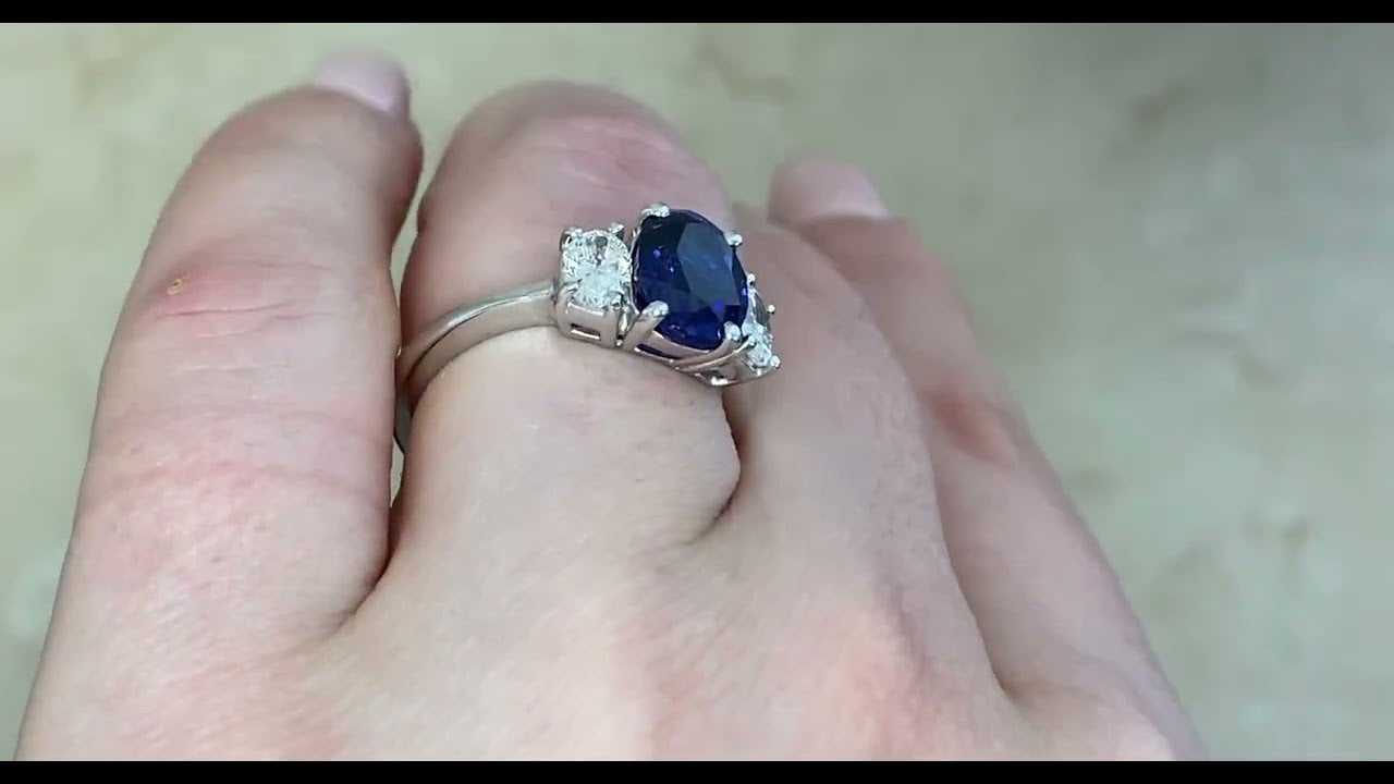 Three Stone Platinum 2.88ct Sapphire and Diamond Garita Ring - hand video