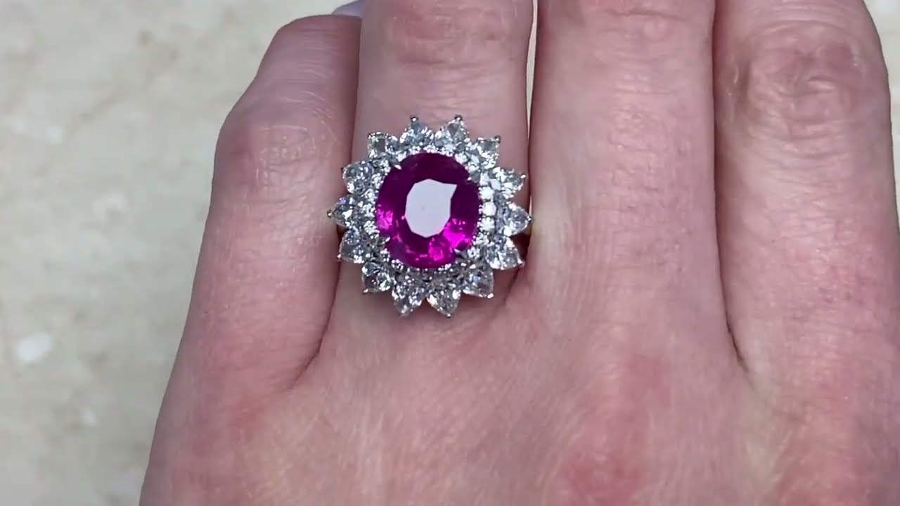 4.47ct Center Oval Cut Pink Sapphire and Pear Shaped Diamond Halo Ring - Capulet Ring - Hand Video
