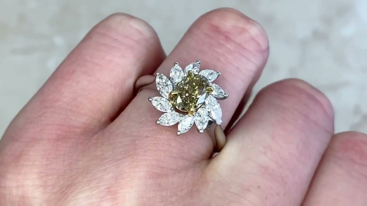 Fancy Yellow Oval & Marquis Cut Halo Diamond Cluster Engagement Ring - Maramichi Ring - Hand Video