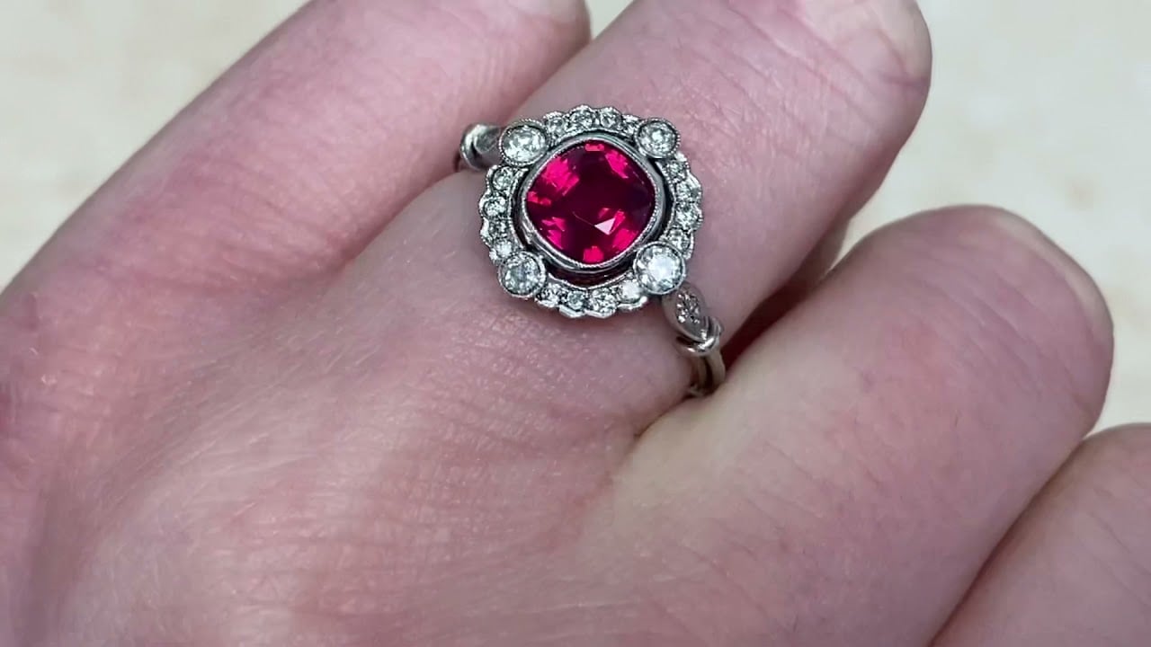 0.95ct Center Cushion Cut Ruby and Old European Cut Diamond Ring - Conway Ring - Hand Video