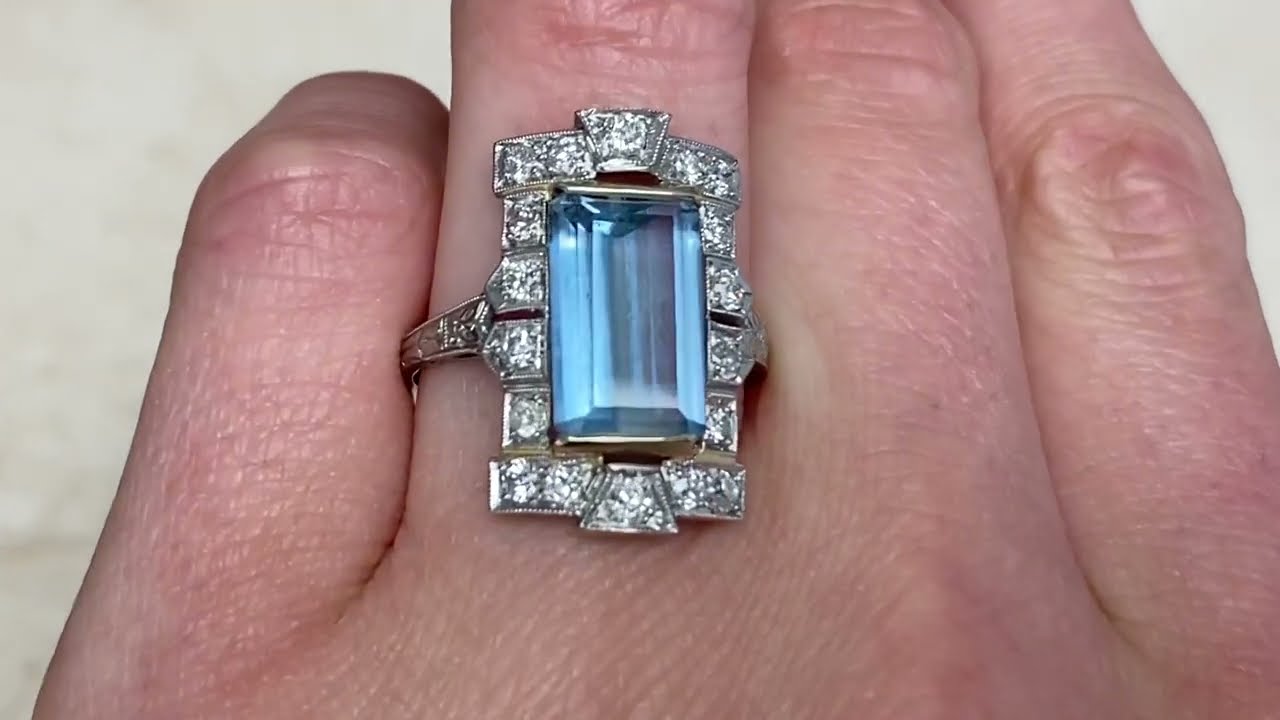 Art Deco Era 3.93ct Center Emerald Cut Aquamarine & Diamond Cocktail Ring - Hanover Ring -Hand Video
