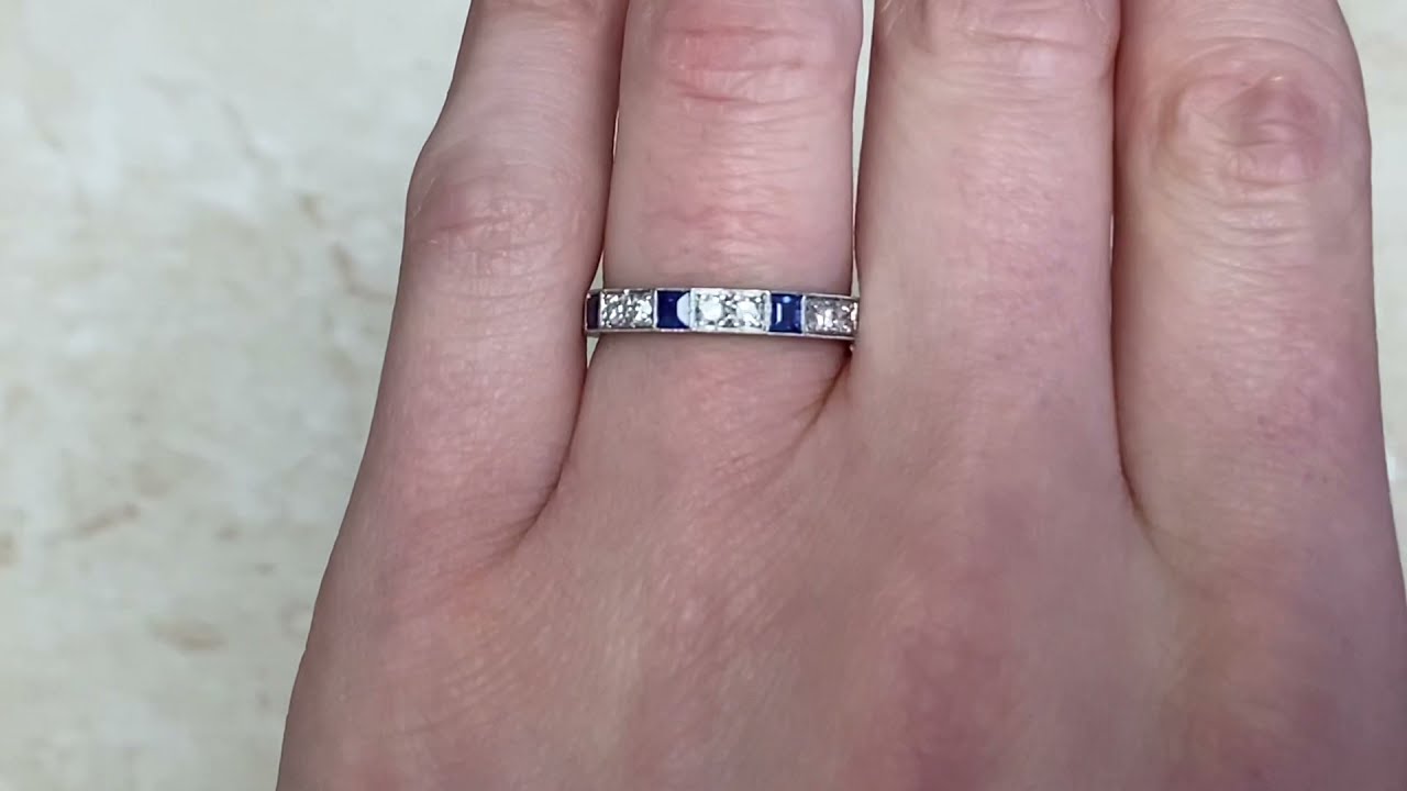 Art Deco Old European Diamond and Emerald-Cut Sapphire Platinum Band - Montpelier Band - Hand Video