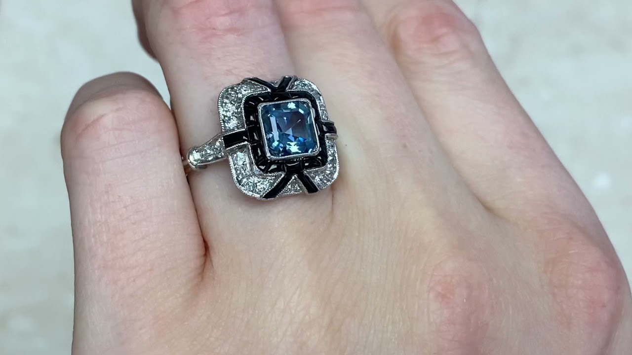 Asscher-Cut Aquamarine With Onyx and Diamond Design - Robertson Ring - Hand Video
