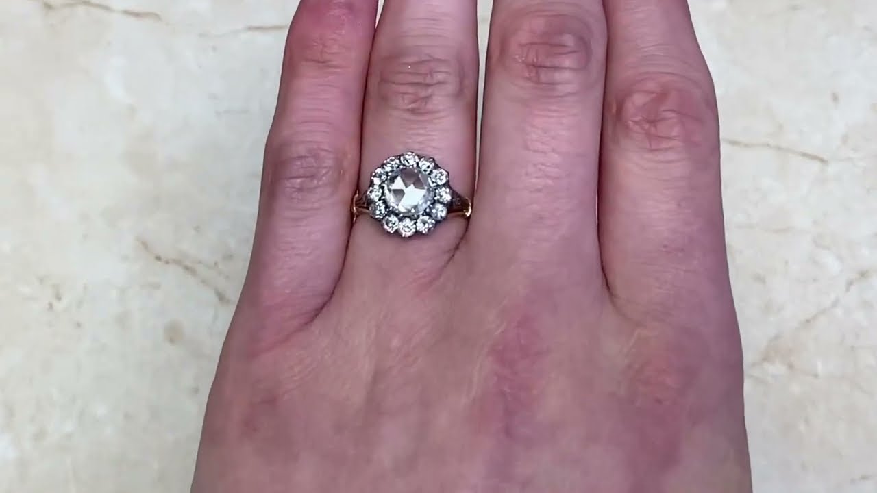 Victorian 1.26ct Center Rose Cut Diamond Cluster Gold Engagement Ring - Stamford Ring - Hand Video