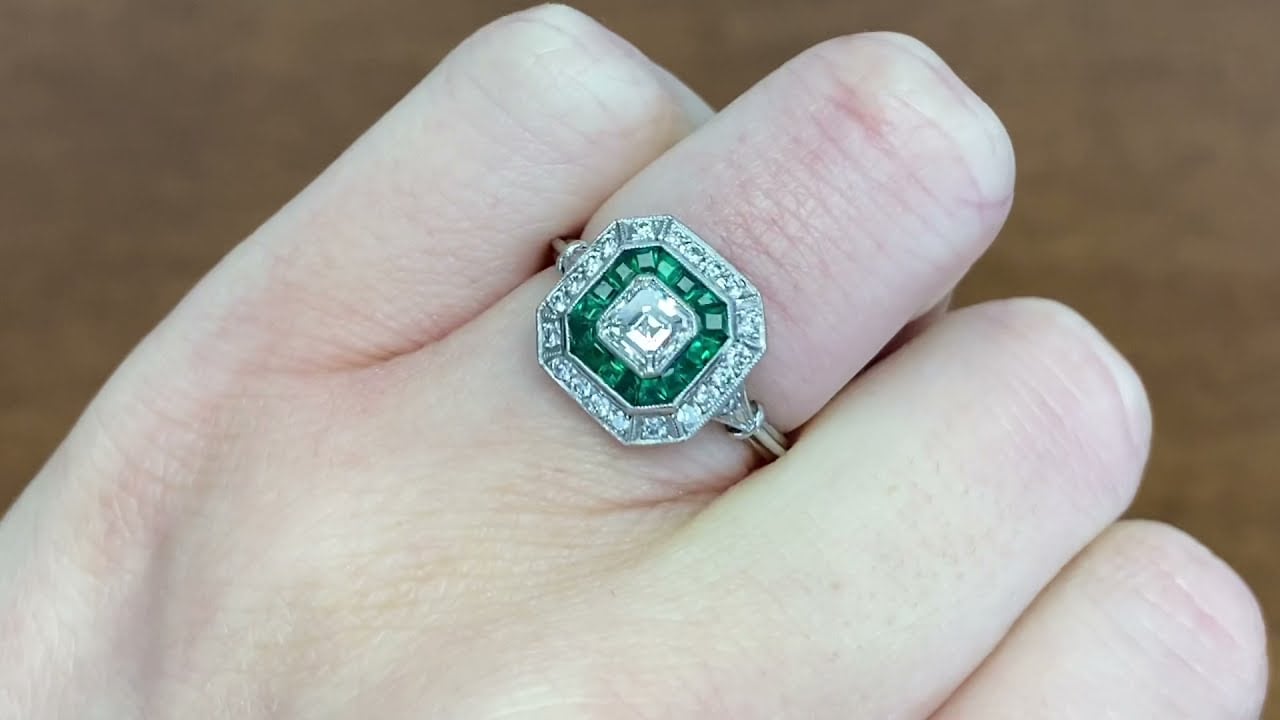 0.50ct Center Asscher Cut Diamond and Emerald Halo Engagement Ring - Atlanta Ring - Hand Video