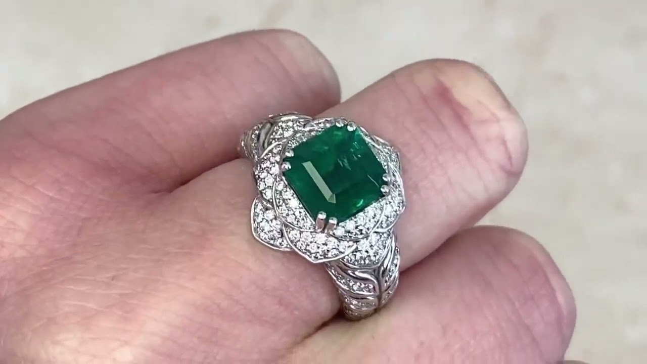 2.51ct Emerald Cut Zambian Emerald and Diamond Floral Halo Engagement Ring -Winslow Ring- Hand Video