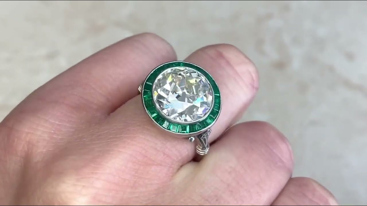 5.91ct Old European Cut Diamond & Emerald Halo Platinum Engagement Ring - Hudson Ring - Hand Video