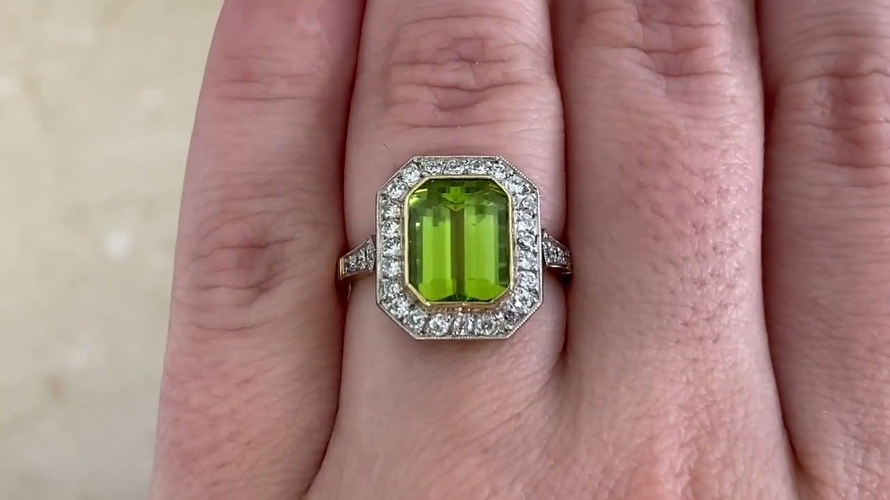 3.53ct Emerald-Cut Peridot with Halo of Diamonds Melfort Ring - hand video -