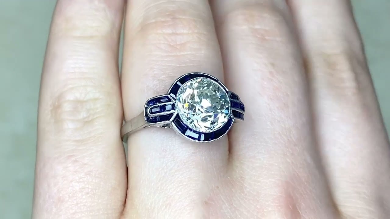 3.07ct Center Old European Cut Diamond and Sapphire Halo Engagement Ring - Altona Ring - Hand Video