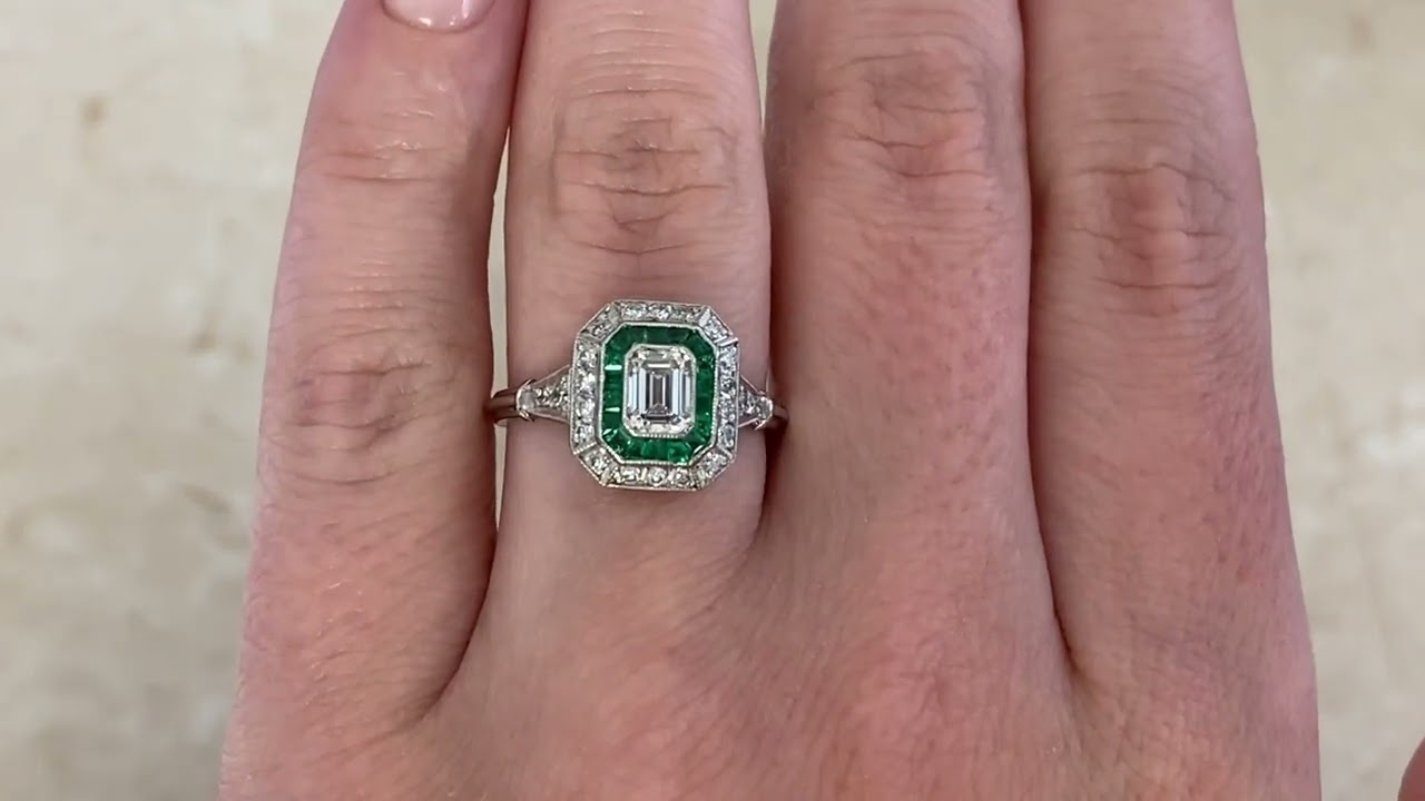 0.50ct GIA Emerald Cut Diamond and Emerald Halo Newbury Ring - hand video