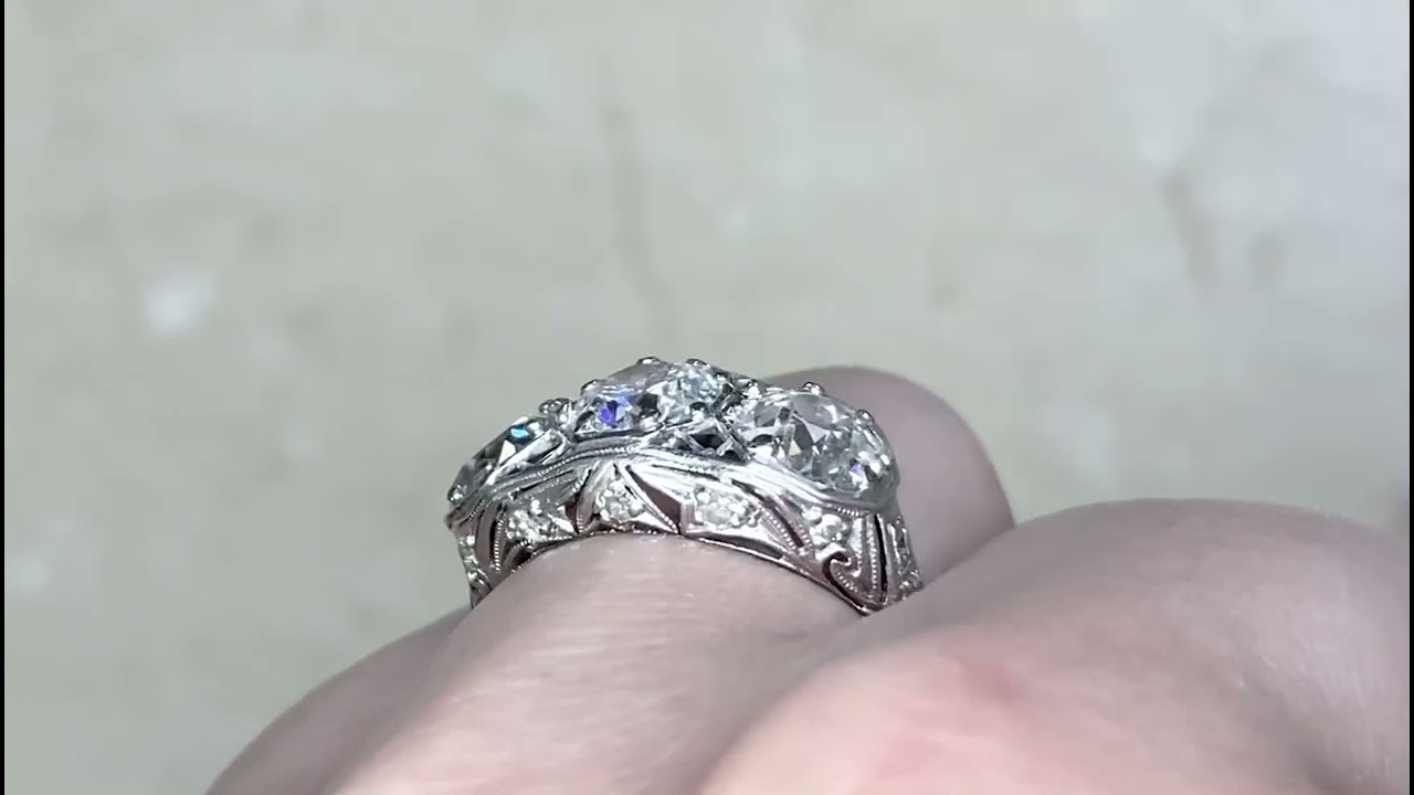 Art Deco Old European Cut Diamond Three Stone Engagement Ring - Jefferson Ring - Hand Video