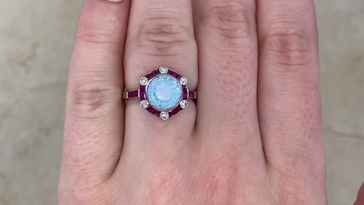 2.67ct Aquamarine with Ruby Halo Embden Ring - hand video