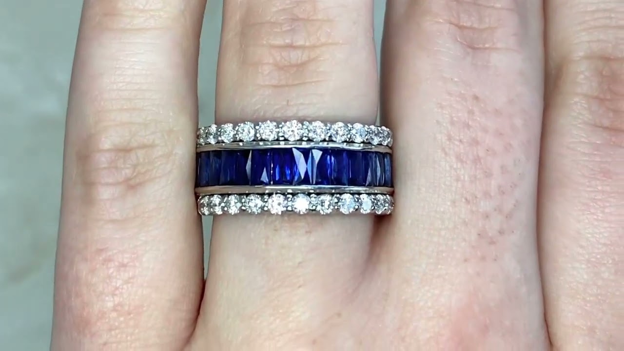 Beautiful Diamond Wedding Band Featuring French Cut Natural Sapphires - Lugo Band - Hand Video
