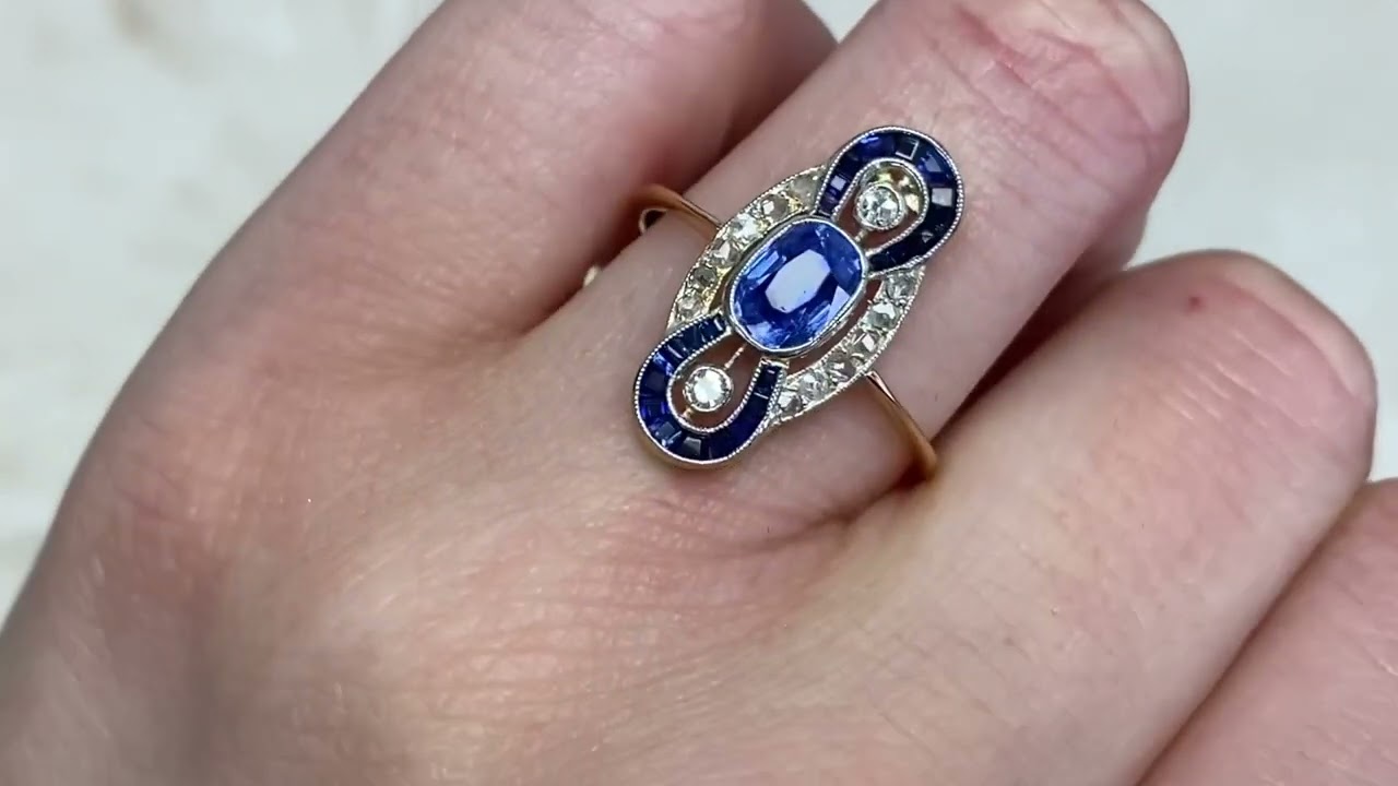 Edwardian Era Geometric Natural Sapphire & Diamond Ring - Alexandria Ring. Circa 1900 - Hand Video