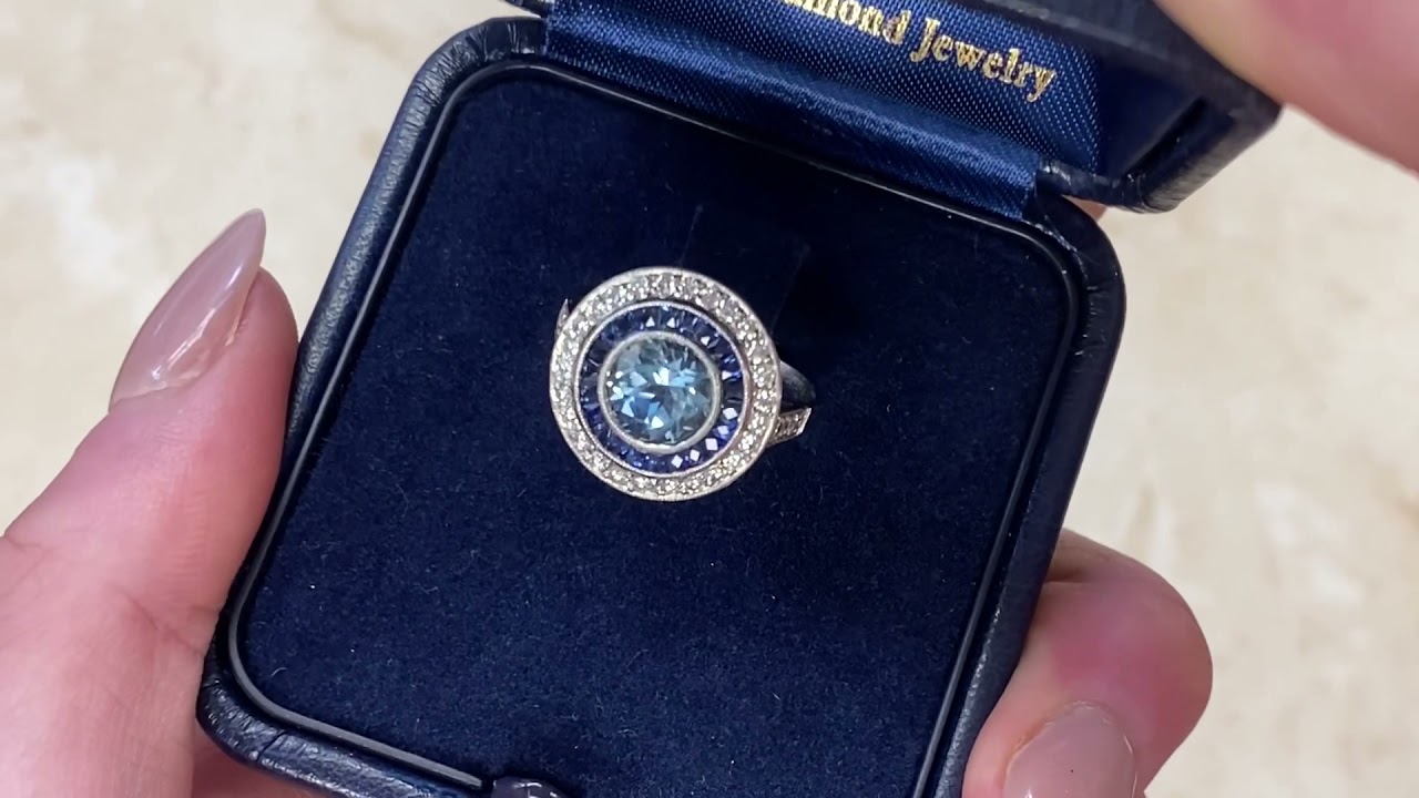 1ct center Round Aquamarine & Sapphire and Diamond Double Halo Ring - Colorado Ring - Showroom Video
