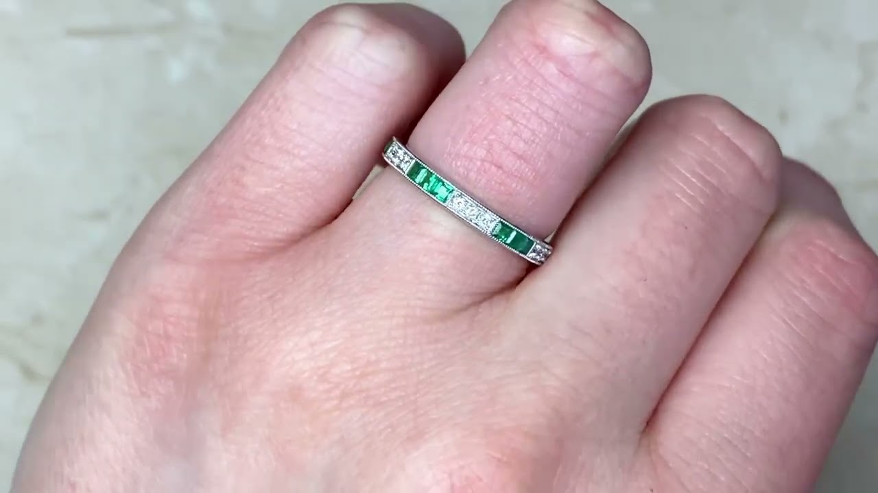 Emerald & Diamond Alternating Platinum Half Eternity Wedding Band - Hamden Band - Hand Video