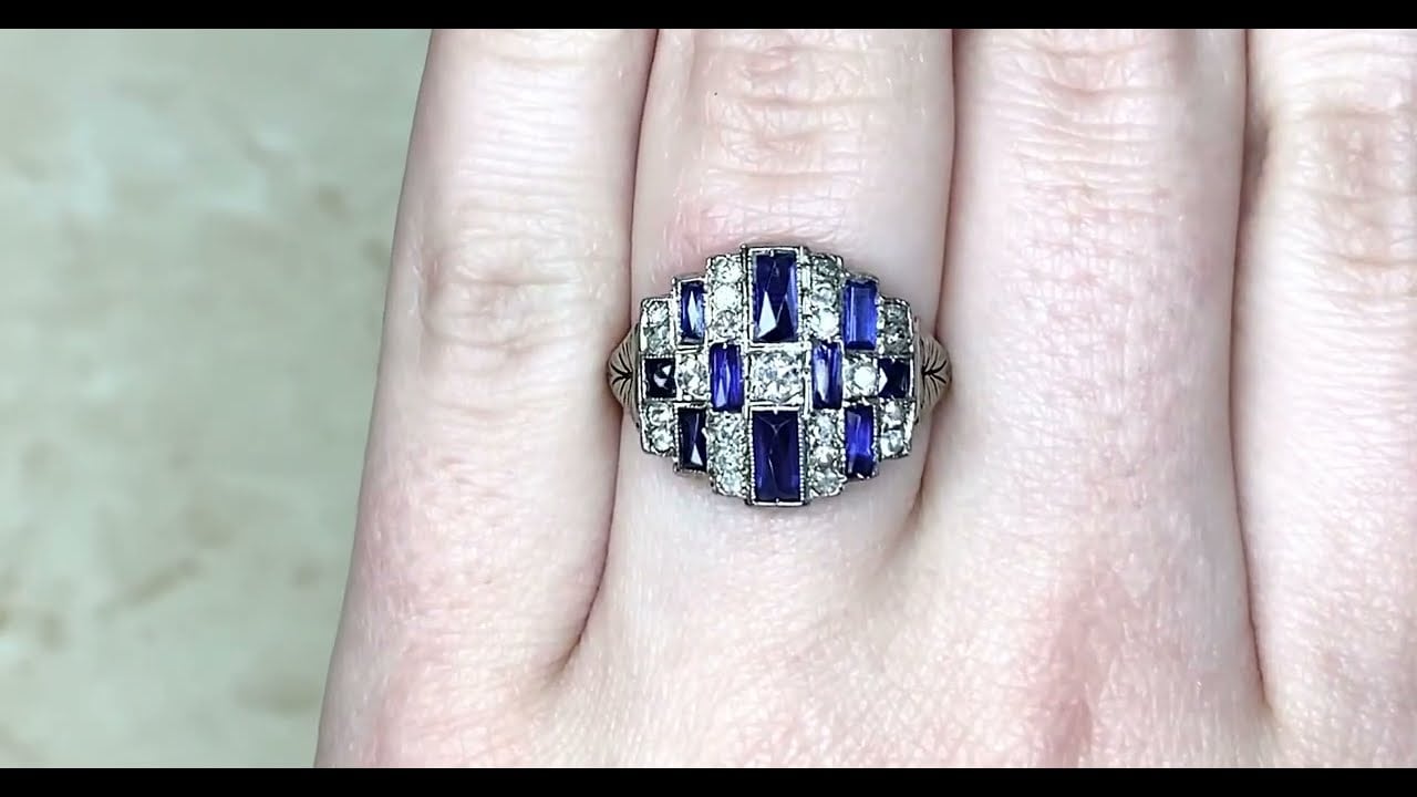 Art Deco Old Mine Cut Diamond and French Cut Sapphire Geometric Ring - Ambroise Ring - Hand Video