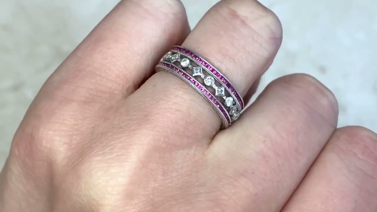 Vintage Ruby & Diamond Geometric Eternity Wedding Band - Genoa Band - Hand Video