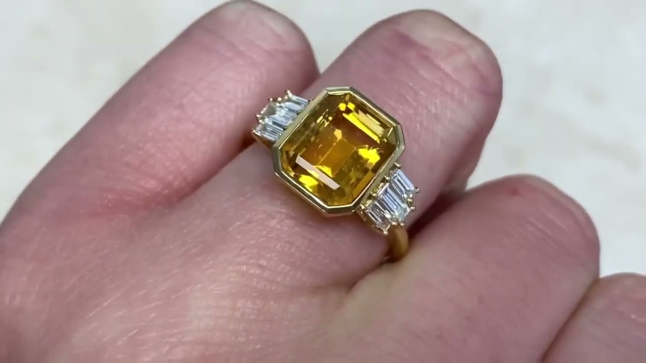 2.97ct Emerald Cut Natural Citrine & Baguette Cut Diamond Ring - Broadview Ring - Hand Video