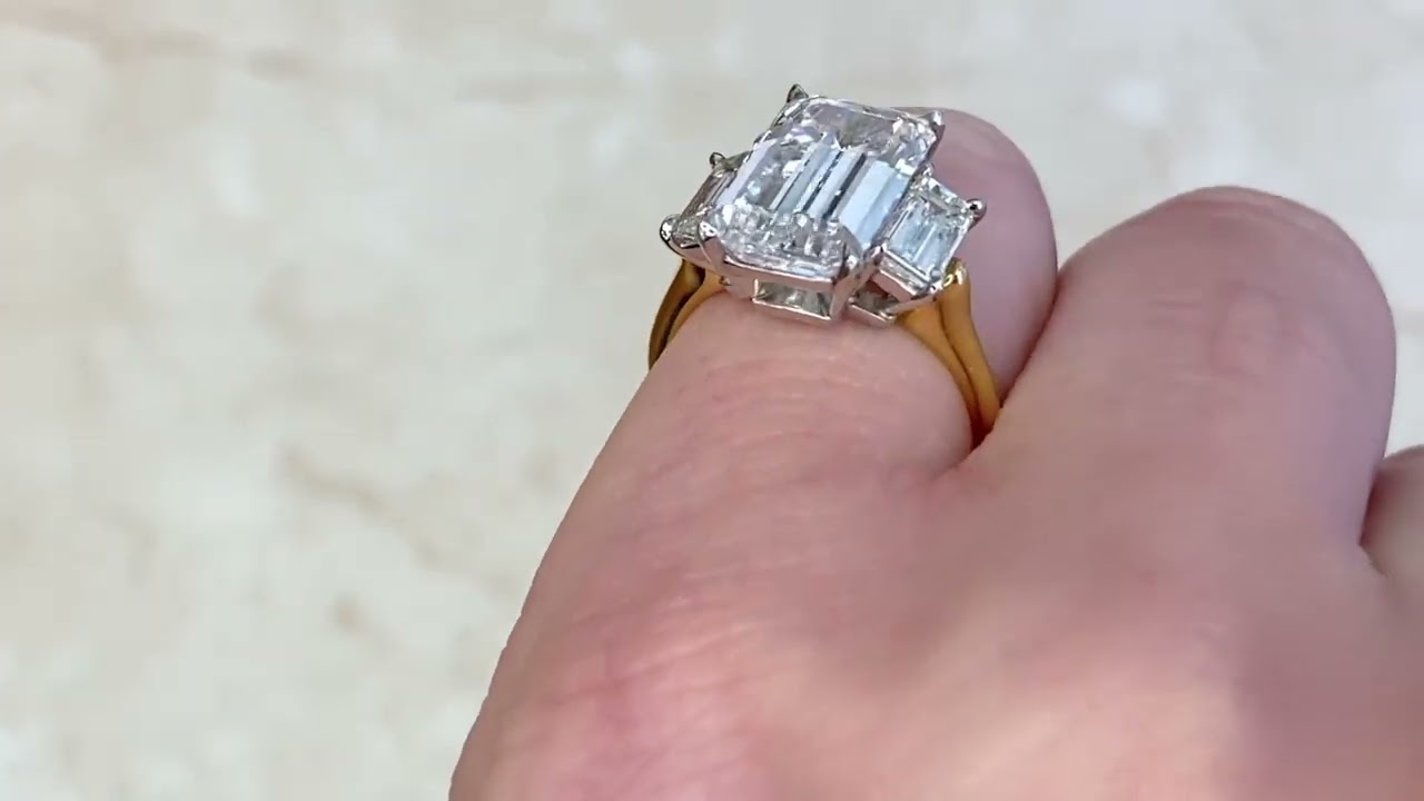 4.02ct Three Stone Emerald Cut Diamond Engagement Ring - Park Plaza Ring. Circa 1960 - Hand Video
