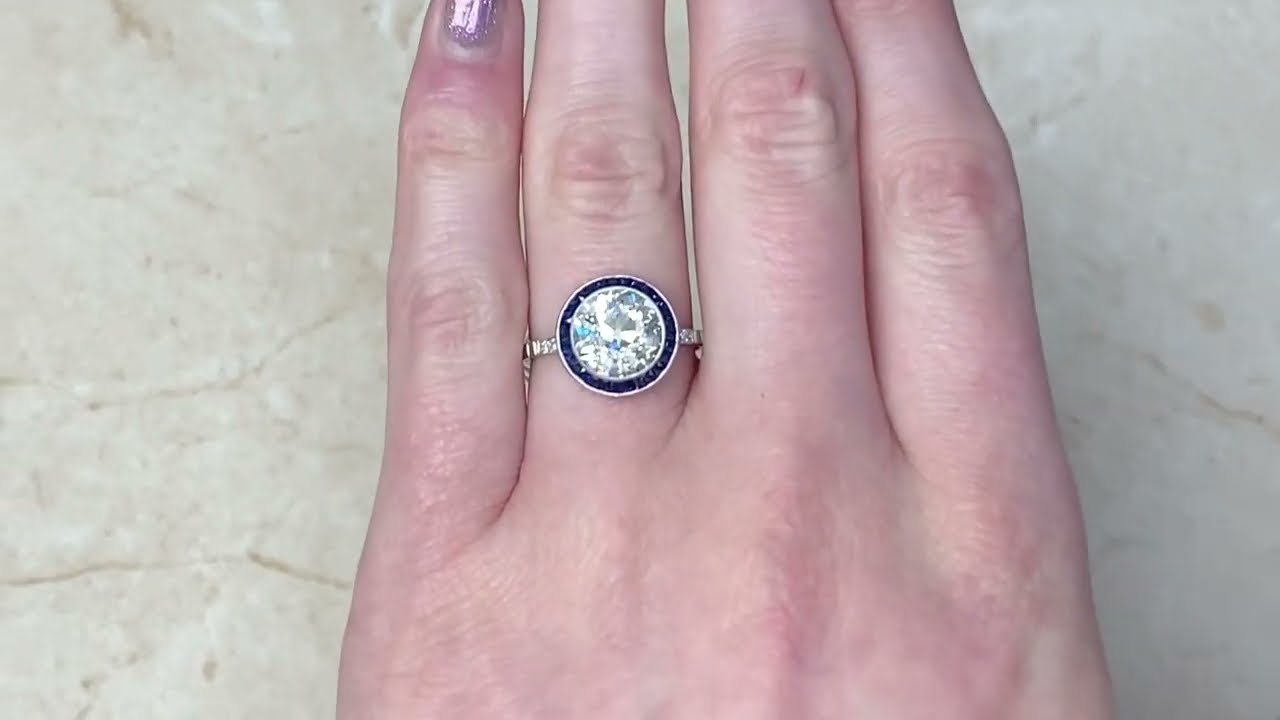 2.82ct Old European Cut Diamond & Natural Sapphire Halo Engagement Ring - Harewood Ring - Hand Video