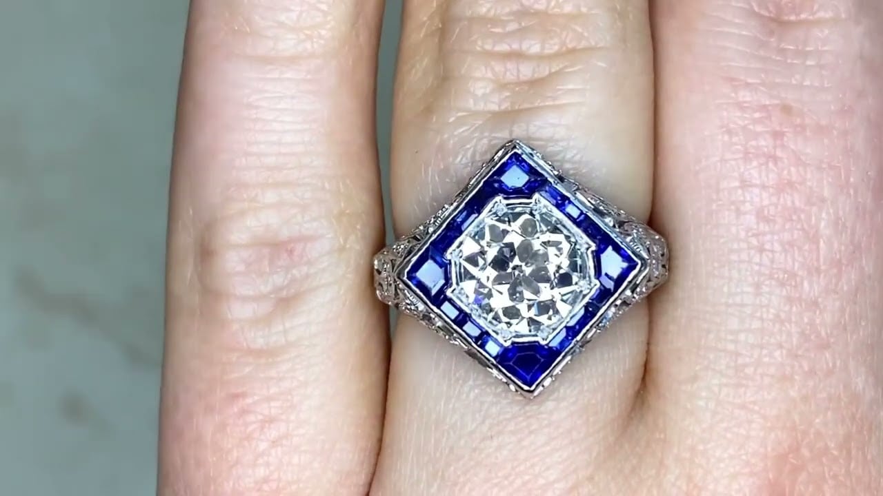 1.69ct Old European Cut Diamond & Sapphire Halo Art Deco Engagement Ring - Belwood Ring - Hand Video