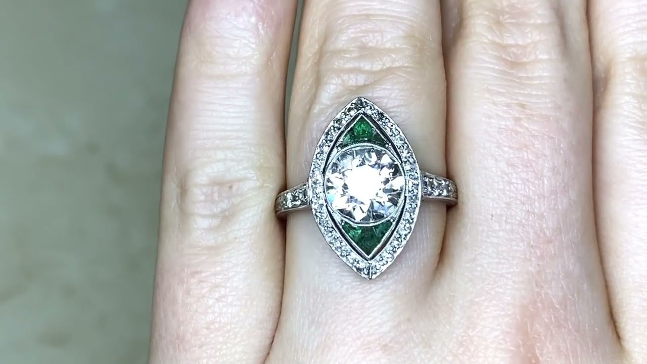 2.25ct Center Old European Cut Diamond & Emerald Navette Art Deco Ring - Foxborough Ring- Hand Video