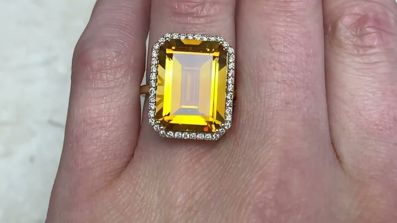 11.35ct Emerald Cut Citrine Diamond Halo Ring - Biscayne Ring - Hand Video