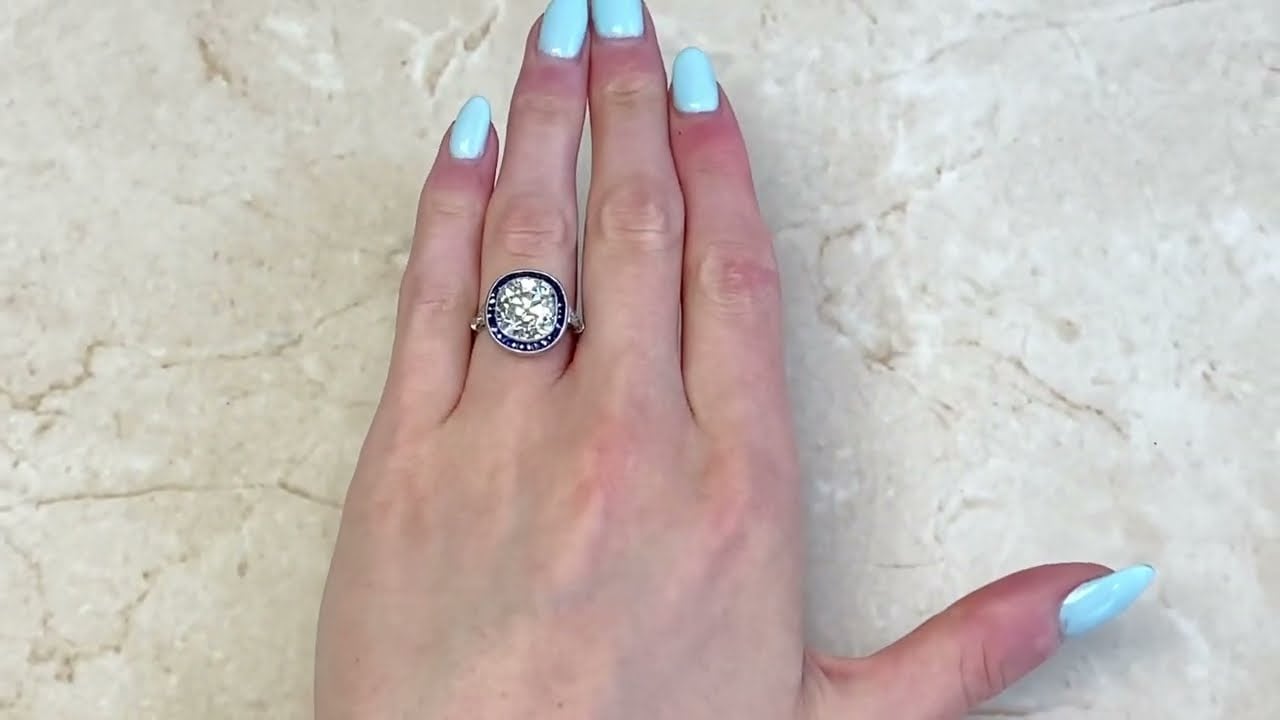 5.15ct Elongated Cushion Cut Diamond & Sapphire Halo Engagement Ring - Orford Ring - Hand Video