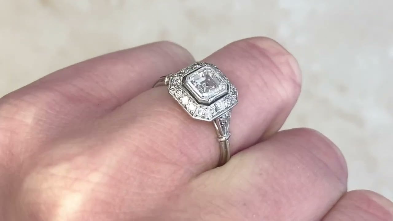 0.84ct Asscher-cut and Old European Cut Halo Diamond Engagement Ring - Bolton Ring - Hand Video