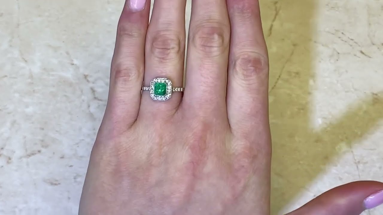 Natural 0.63ct Emerald Gemstone & Diamond Halo Ring - Northport Ring - Hand Video