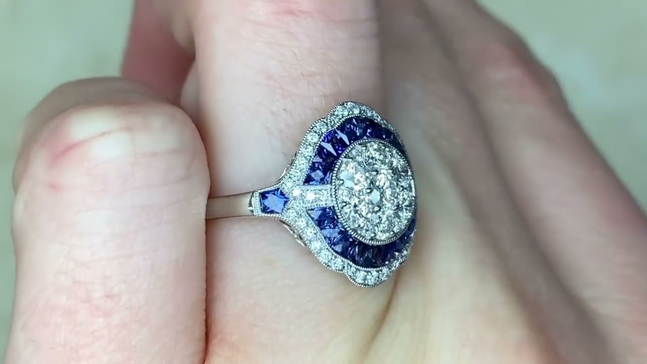 Round Brilliant Cluster & Double Sapphire & Diamond Halo Engagement Ring - Elland Ring - Hand Video