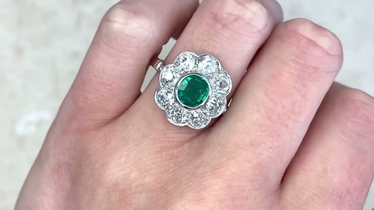 Antique Floral Cluster Emerald & Diamond Halo Gemstone Ring - Verdant Ring. Circa 1915 - Hand Video