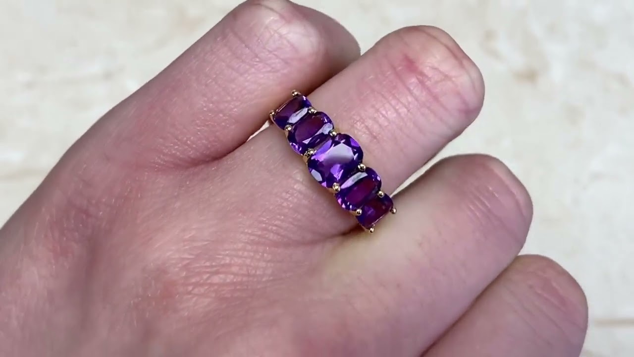 2.38ct Cushion Cut Five Stone Amethyst and 18k Yellow Gold Ring - Brooklyn Ring - Hand Video